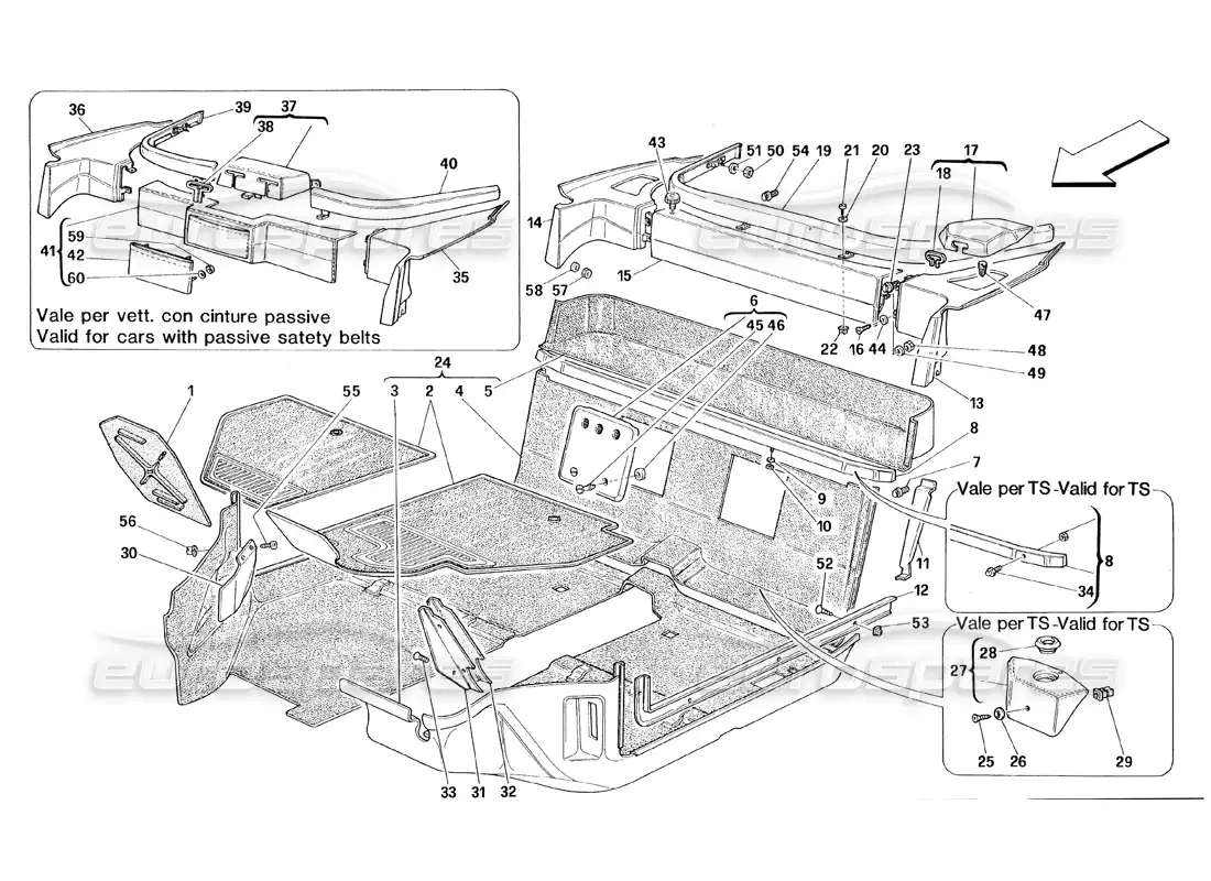 ferrari 348 (1993) tb / ts passengers compartment carpets parts diagram
