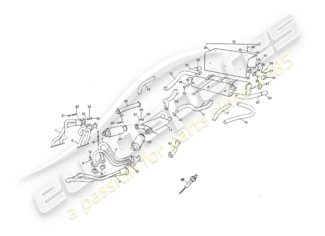 aston martin v8 virage (2000) exhaust system, early cars parts diagram