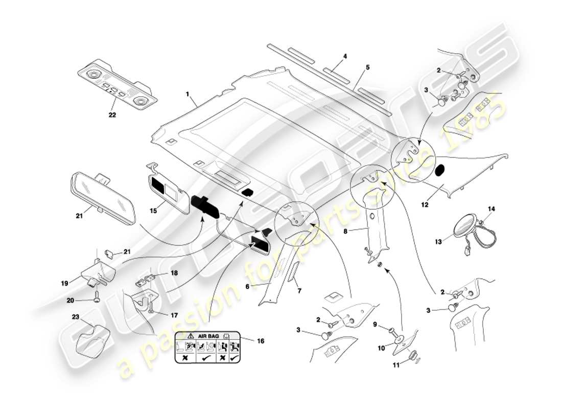 aston martin db7 vantage (2002) coupe upper trim & roof lining part diagram