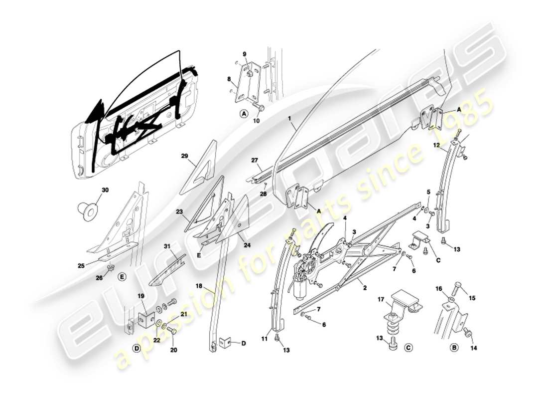 aston martin db7 vantage (2002) door glass & frames part diagram