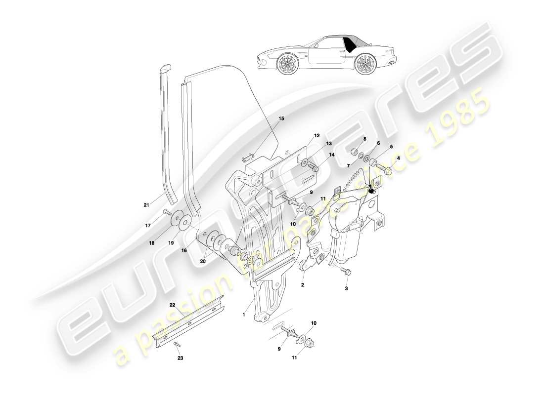 aston martin db7 vantage (2002) volante rear quarter glass & mechanism part diagram