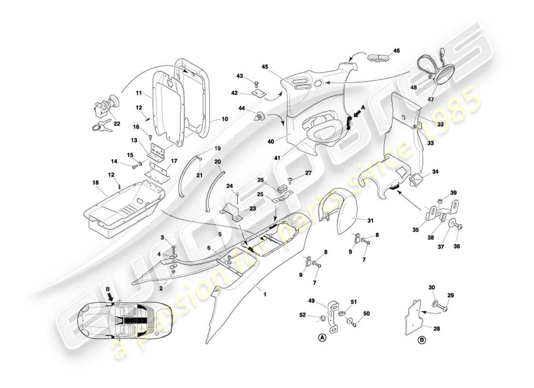 aston martin db7 vantage (2002) centre console & trim, volante part diagram