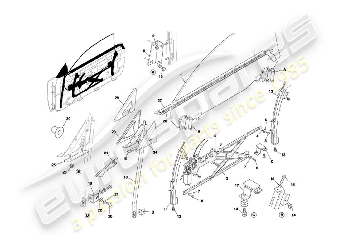 aston martin db7 vantage (2003) door glass & frames part diagram