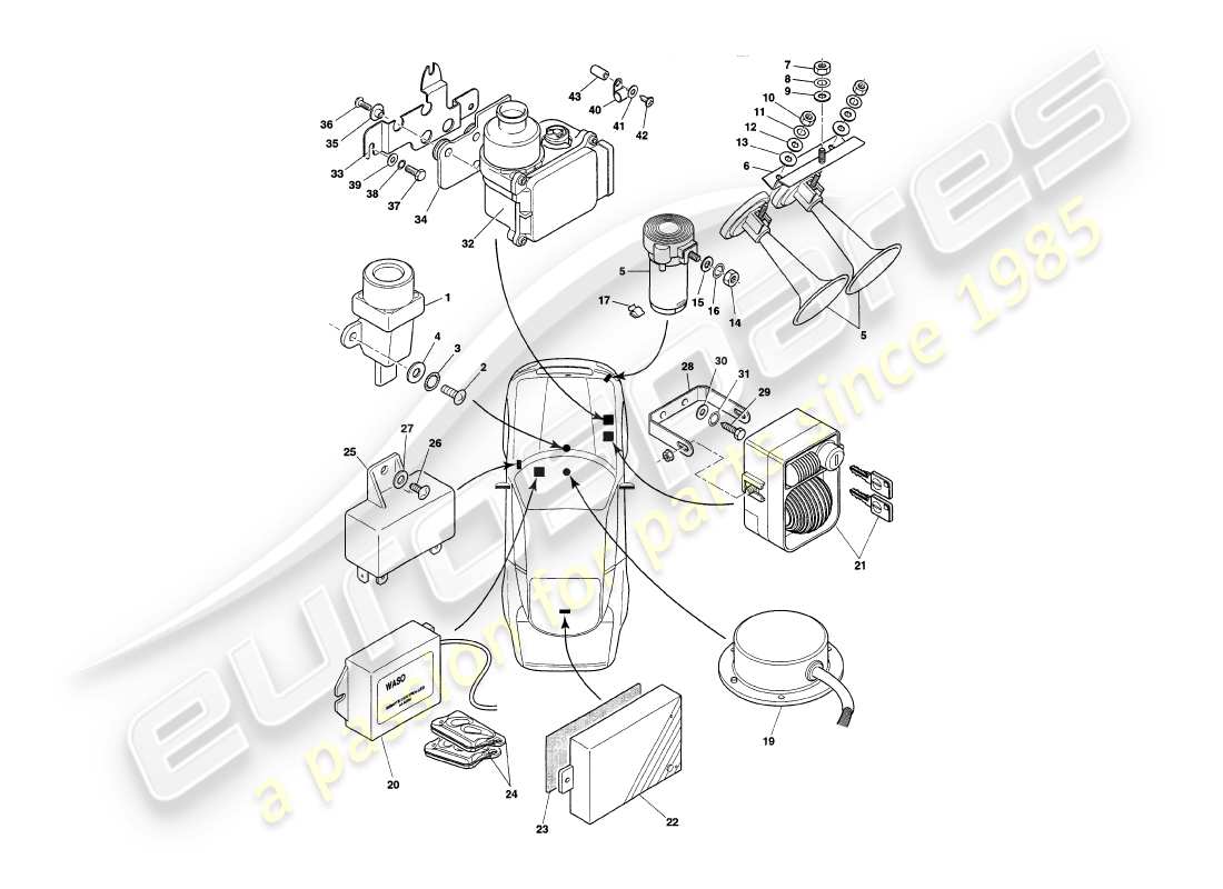 aston martin v8 coupe (1999) underbonnet components, vin v79079-79091 parts diagram