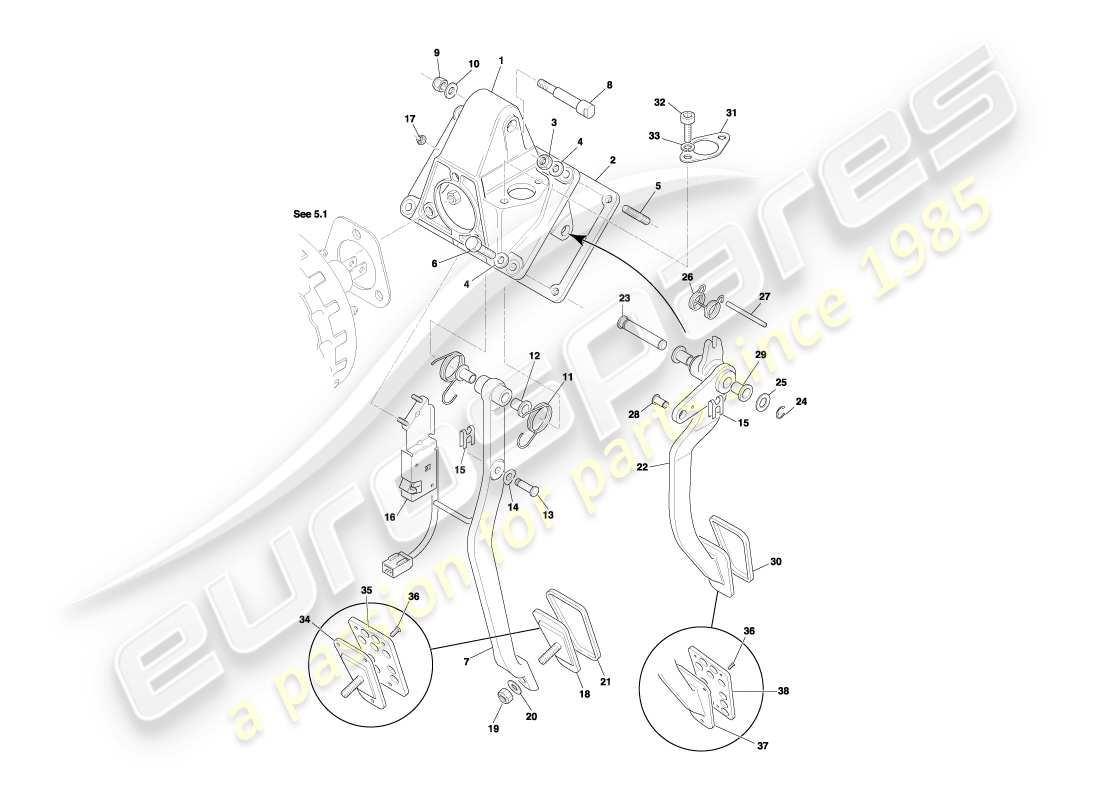 aston martin db7 vantage (2001) pedal gear, manual brake & clutch part diagram