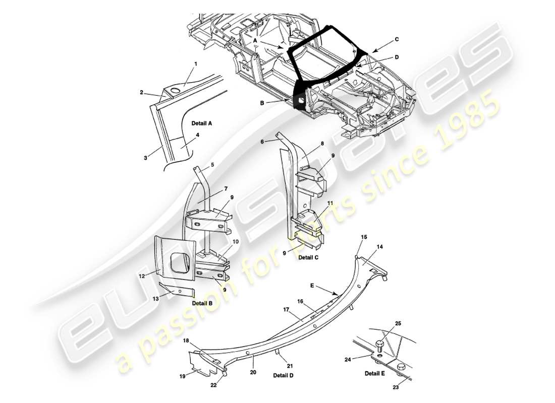 aston martin v8 volante (1998) superstructure part diagram