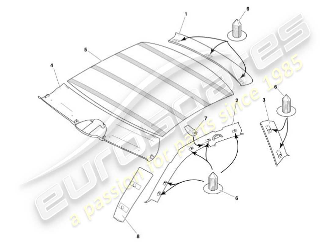 aston martin vanquish (2001) upper trim & roof lining part diagram