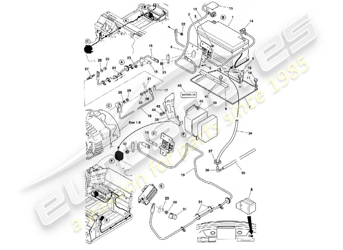 aston martin vanquish (2001) battery & cables part diagram