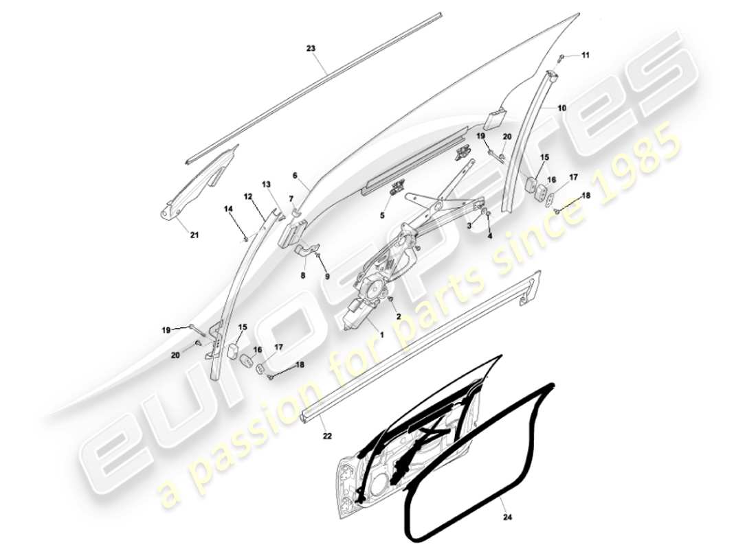 aston martin vanquish (2001) door glass & frames part diagram