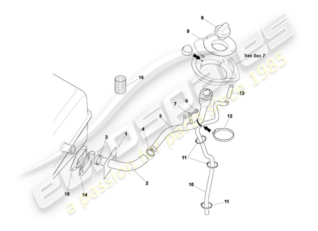 aston martin vanquish (2002) fuel filler pipe part diagram