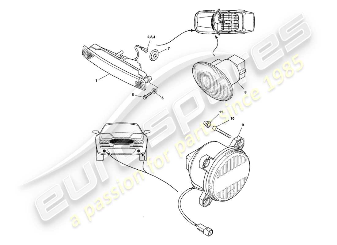 aston martin v8 volante (1998) exterior lamps part diagram