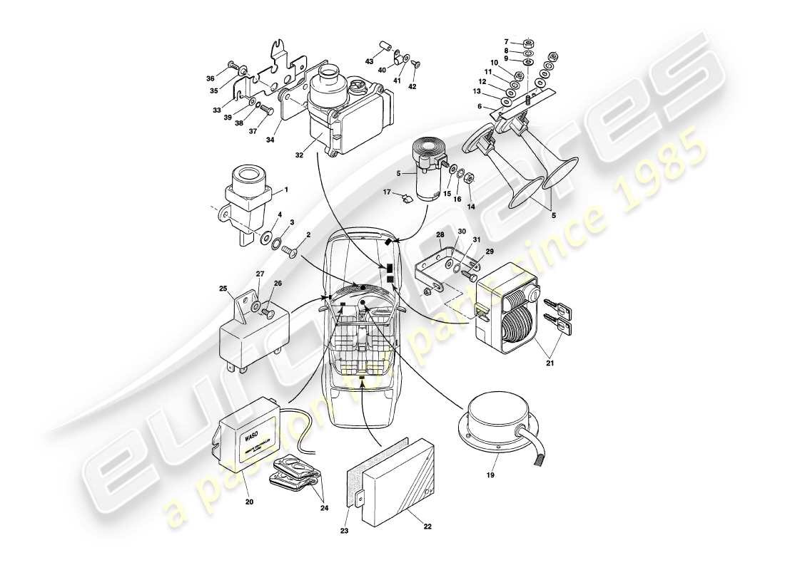 aston martin v8 volante (1997) underbonnet components, to vin 89026 parts diagram