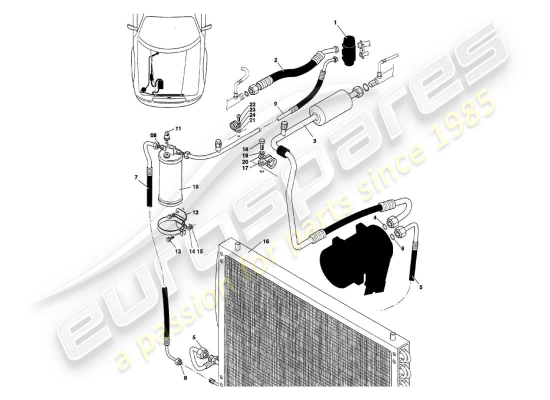 aston martin v8 volante (1999) engine compartment installation part diagram