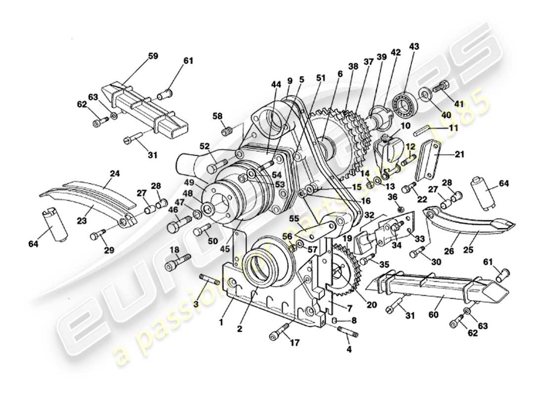aston martin v8 volante (1999) timing case, water pump & sprockets part diagram