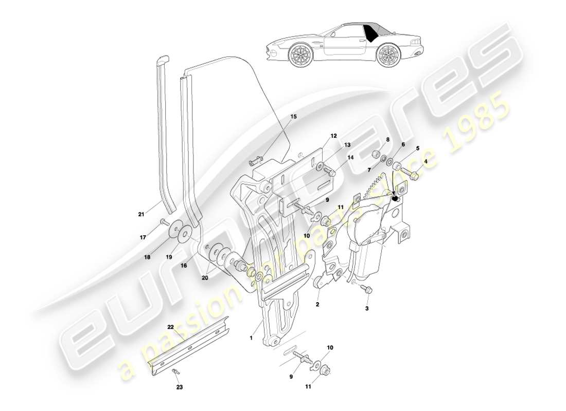aston martin db7 vantage (1999) volante rear quarter glass & mechanism part diagram