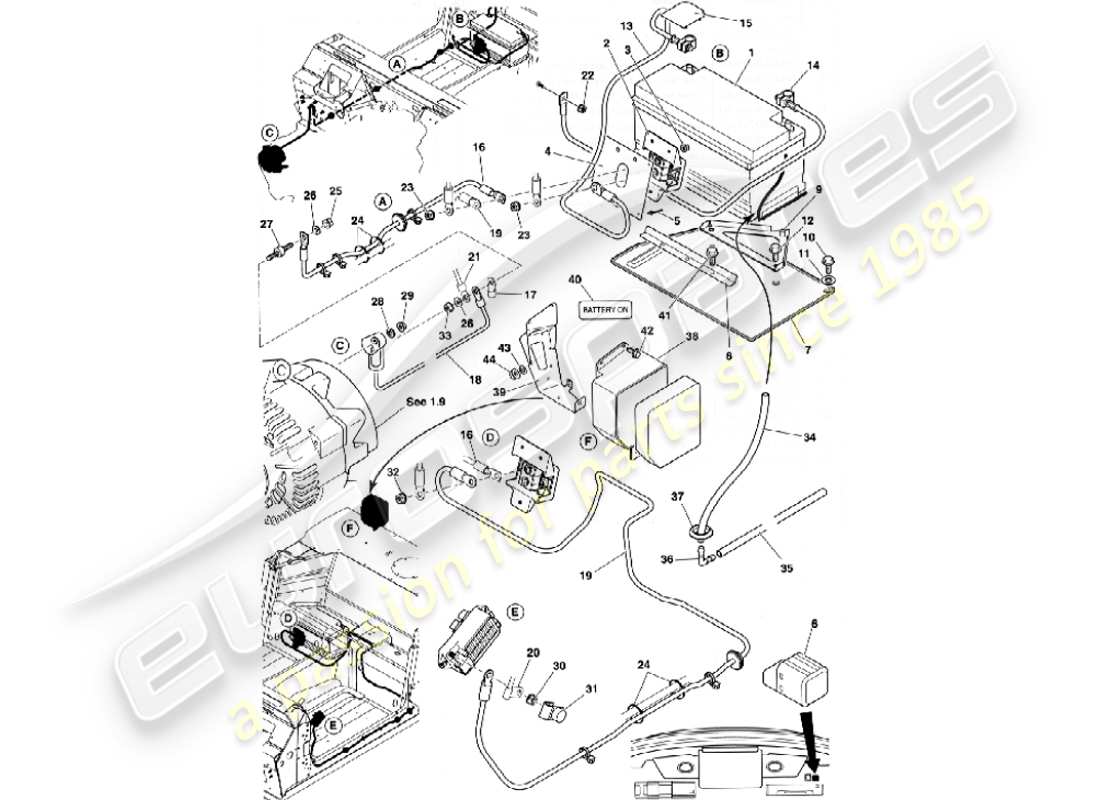 aston martin vanquish (2002) battery & cables part diagram