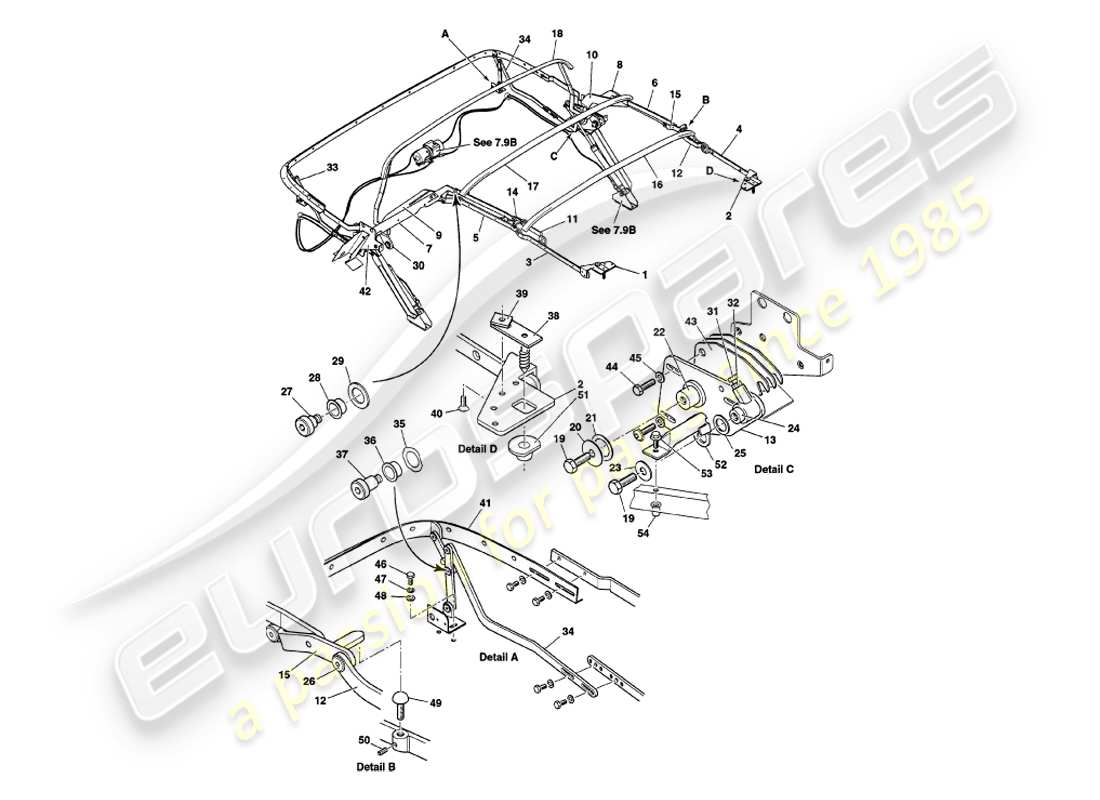aston martin v8 volante (1998) hood frame assembly part diagram