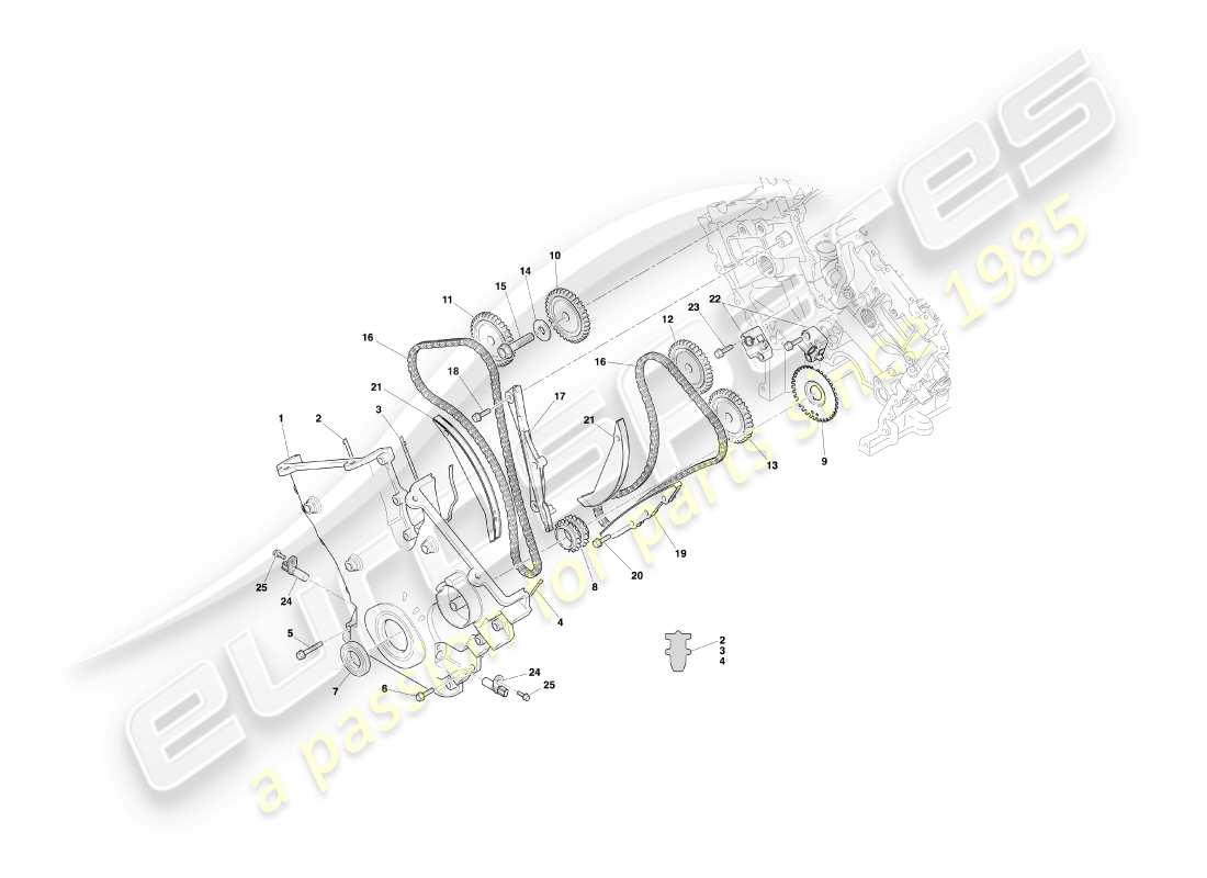 aston martin db7 vantage (1999) timing case, water pump & sprockets part diagram
