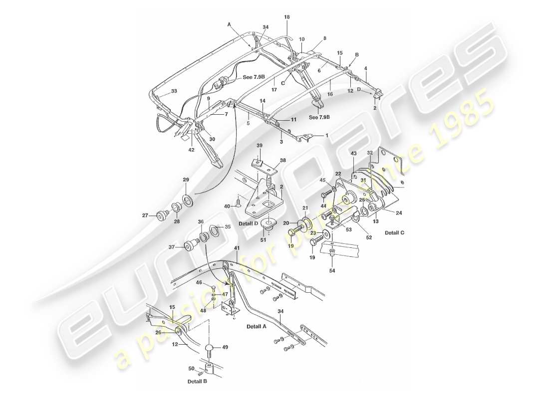aston martin v8 virage (2000) hood frame assembly parts diagram
