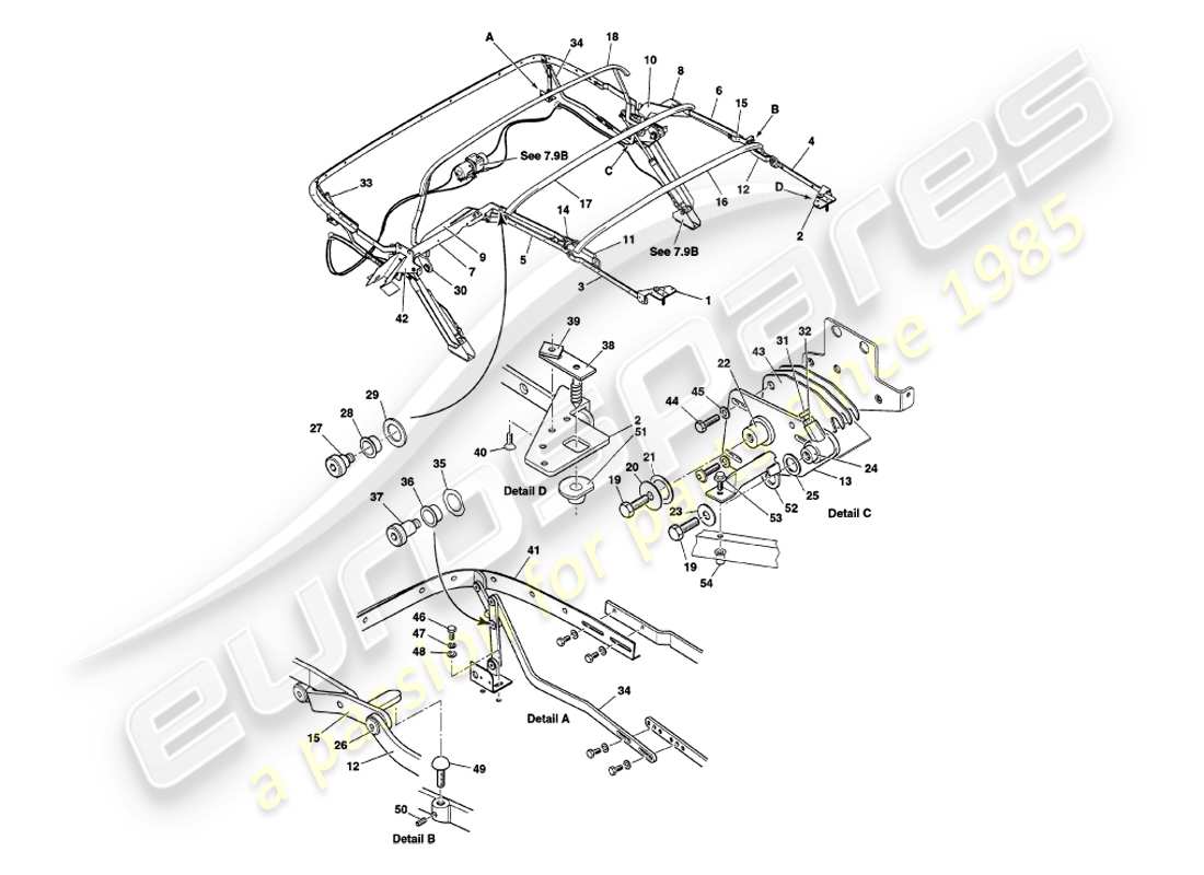 aston martin v8 volante (2000) hood frame assembly part diagram