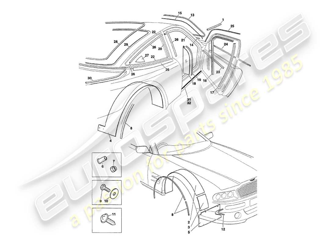 aston martin v8 coupe (1999) weather seals parts diagram