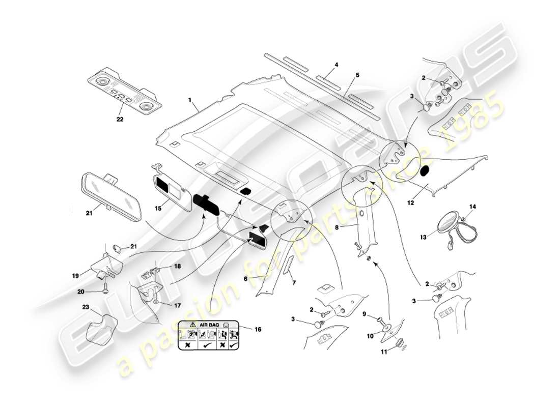 aston martin db7 vantage (2003) coupe upper trim & roof lining part diagram