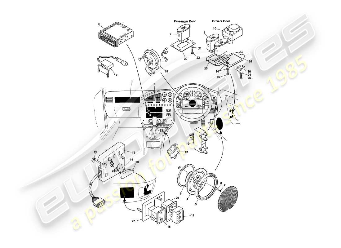 aston martin v8 volante (1997) instruments & controls parts diagram