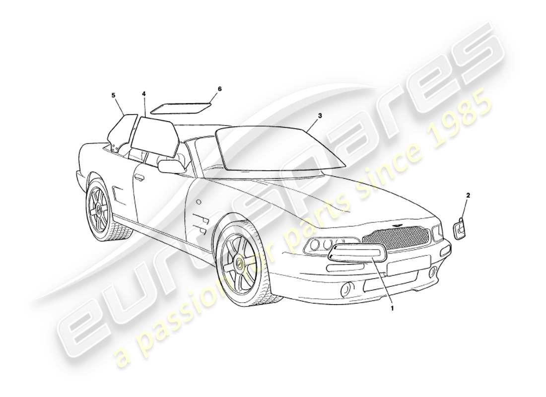 aston martin v8 volante (1997) glass parts diagram