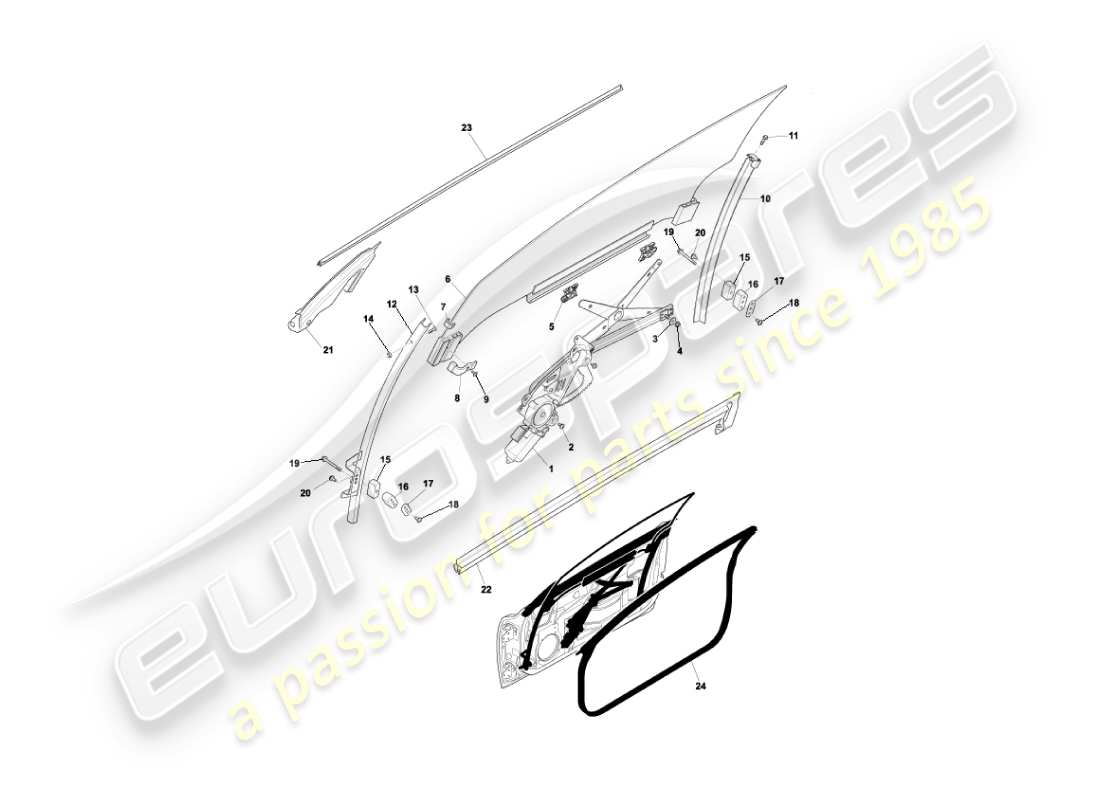 aston martin vanquish (2003) door glass and frames parts diagram
