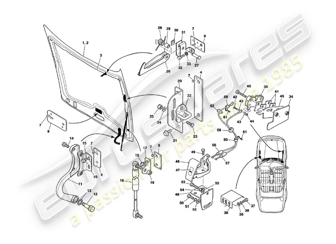 aston martin v8 volante (1999) bonnet part diagram