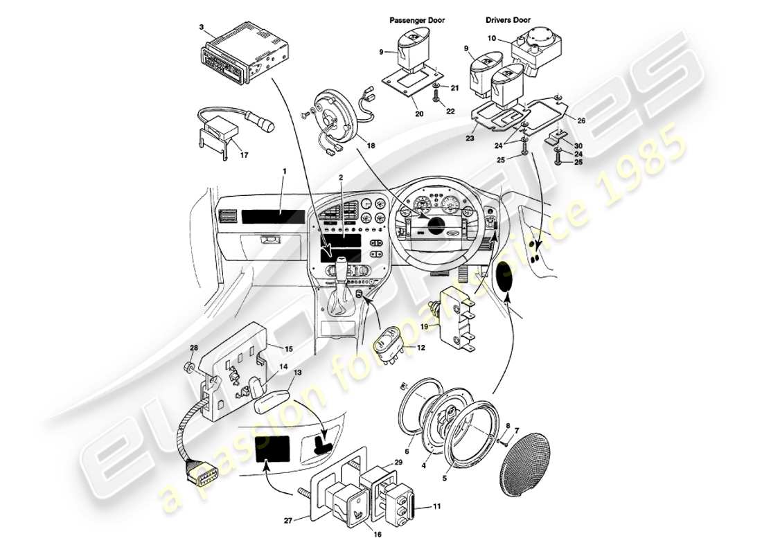 aston martin v8 volante (2000) instruments & controls part diagram