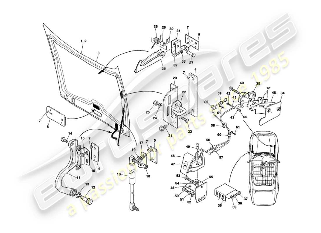 aston martin v8 volante (2000) bonnet part diagram