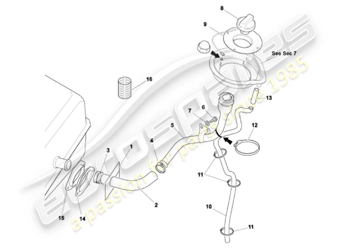 aston martin vanquish (2001) fuel filler pipe part diagram