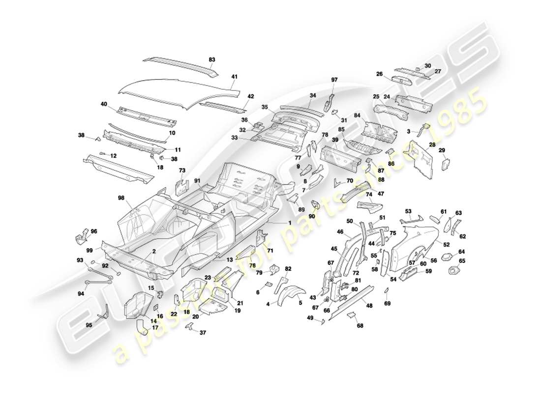 aston martin db7 vantage (2003) body panels, coupe part diagram