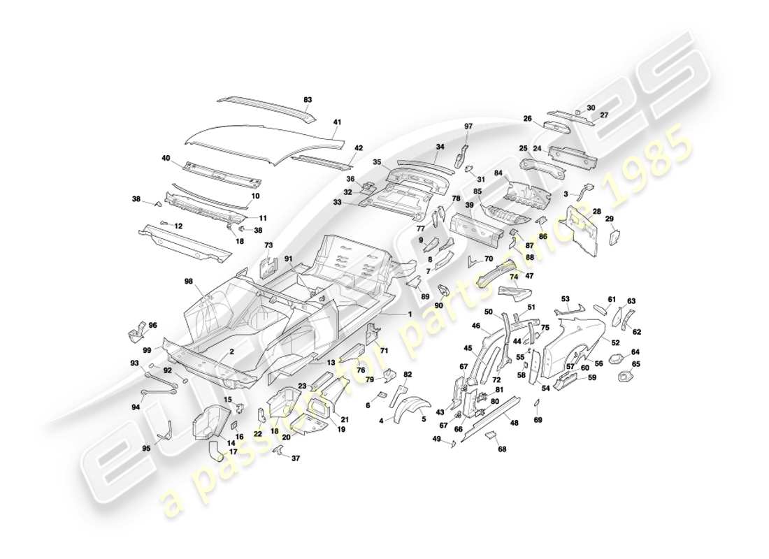 aston martin db7 vantage (2000) body panels, coupe part diagram