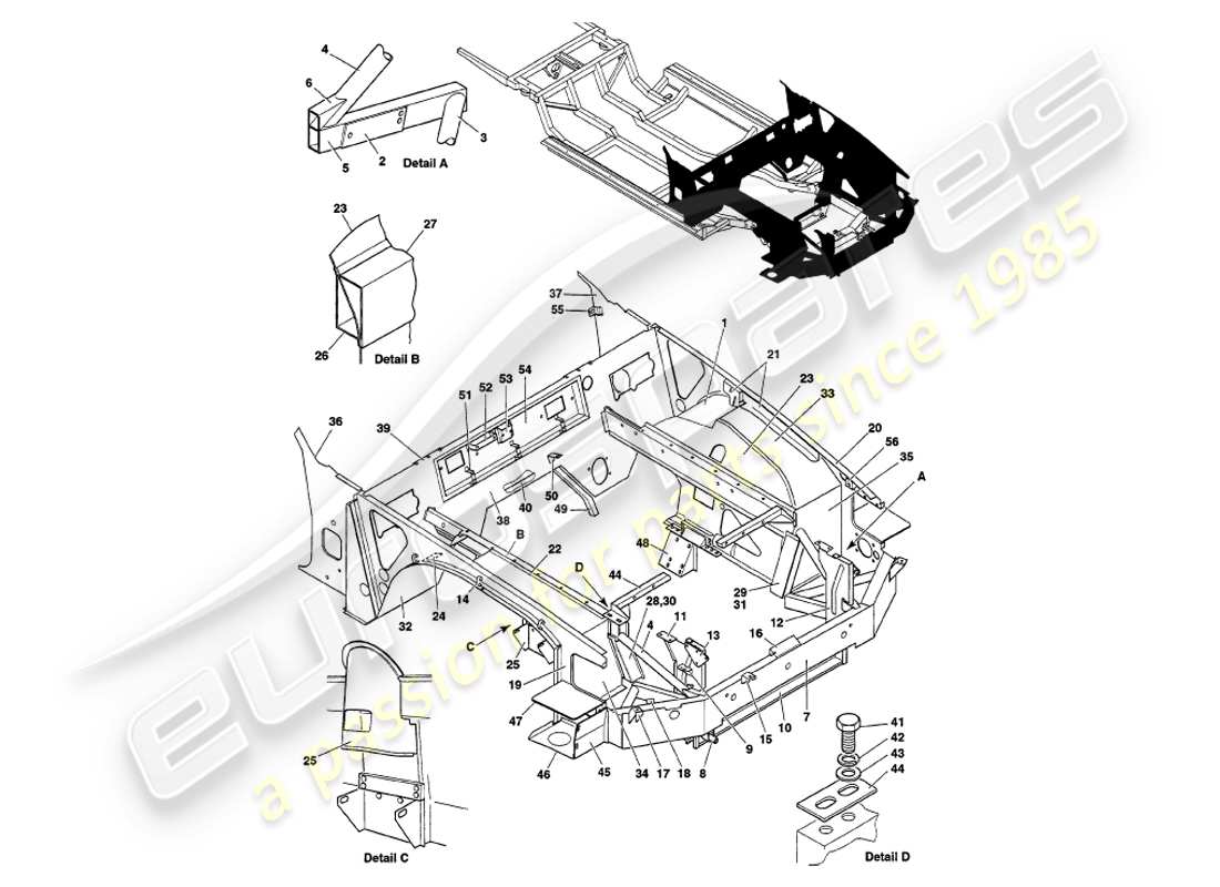 aston martin v8 volante (1999) front structure part diagram
