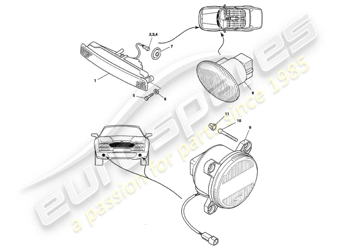 aston martin v8 volante (1999) exterior lamps part diagram