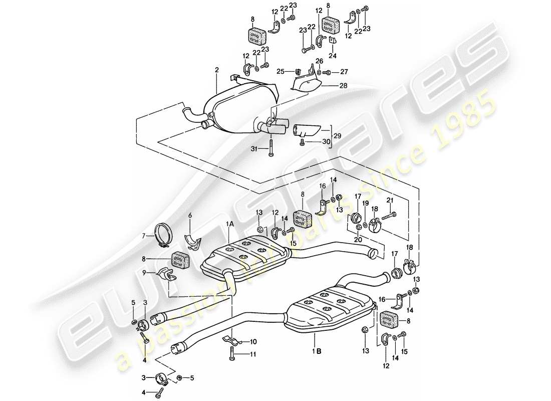 porsche 1983 (928) exhaust system - muffler - exhaust part diagram