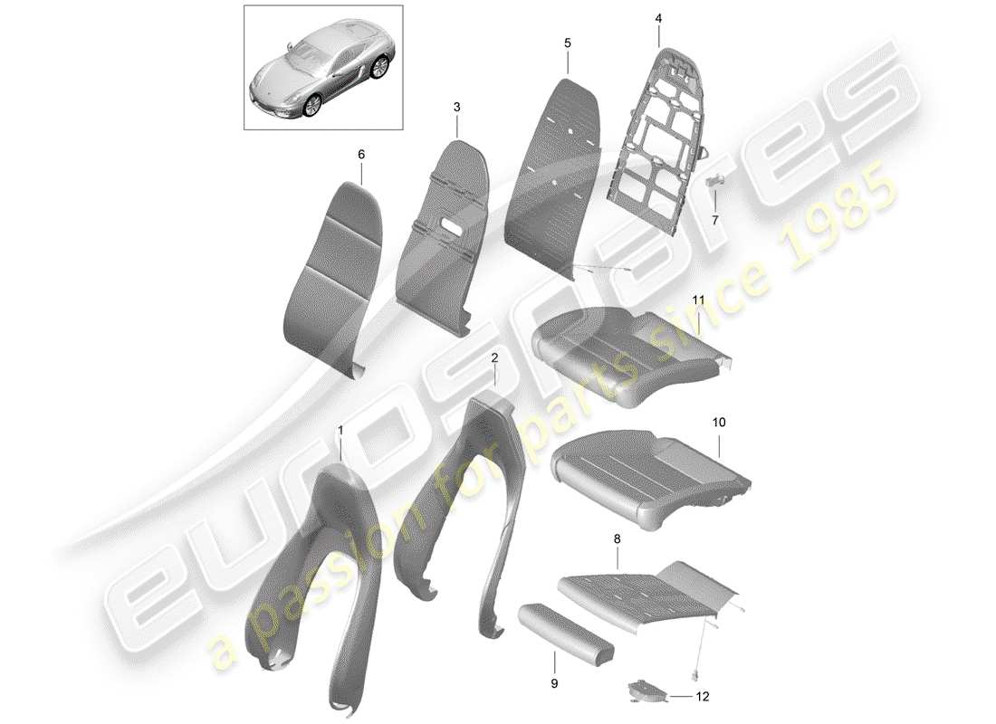 porsche 2014 (981 cayman) foam part seat and backrest cover sports seat part diagram