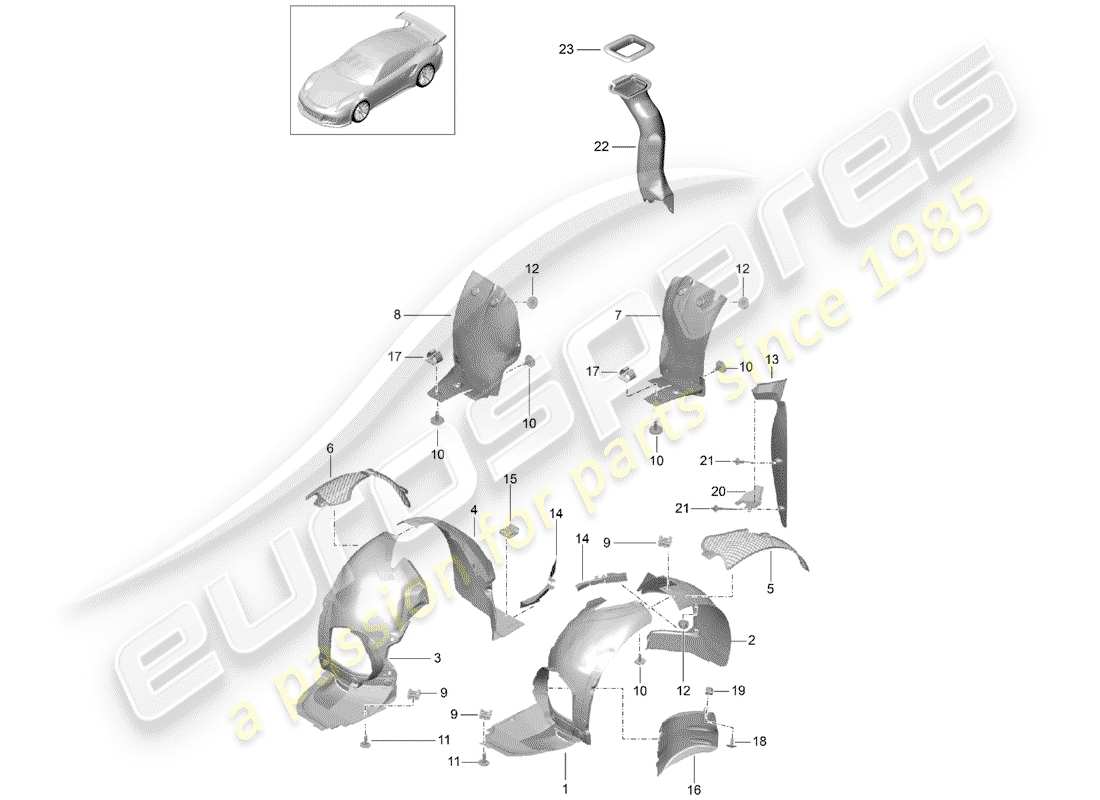 porsche 2014 (991-1 r/gt3/rs) wheel housing liner trims part diagram