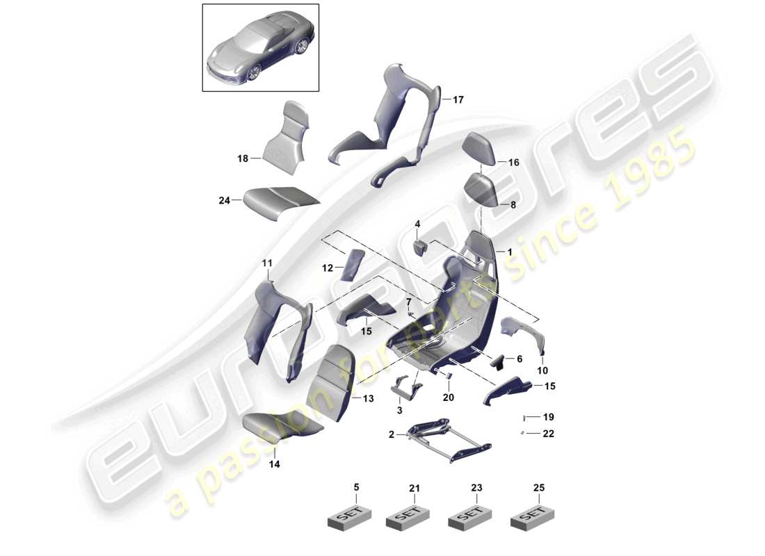 porsche 2014 (991-1 r/gt3/rs) bucket seat seat frame seat covers backrest covers foam part part diagram