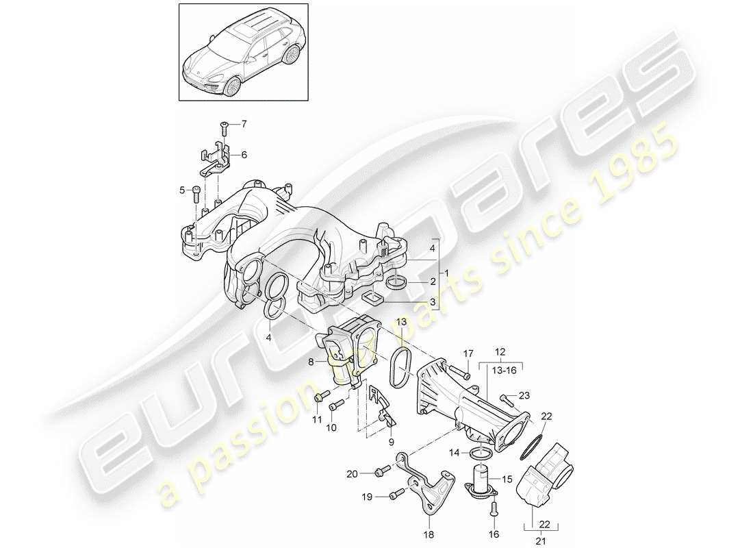 porsche 2012 (cayenne e2 92a) intake manifold throttle valve adapter air guide housing part diagram