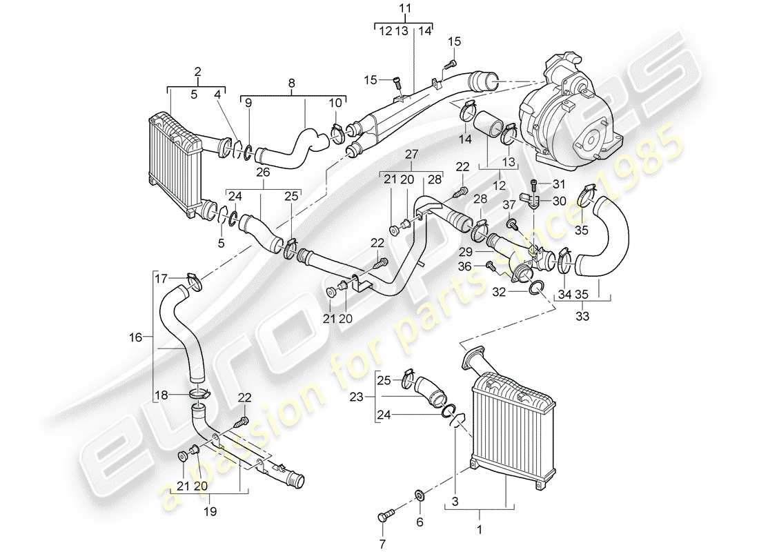 porsche 2009 (cayenne e1 9pa) charge air cooler pressure pipe parts diagram