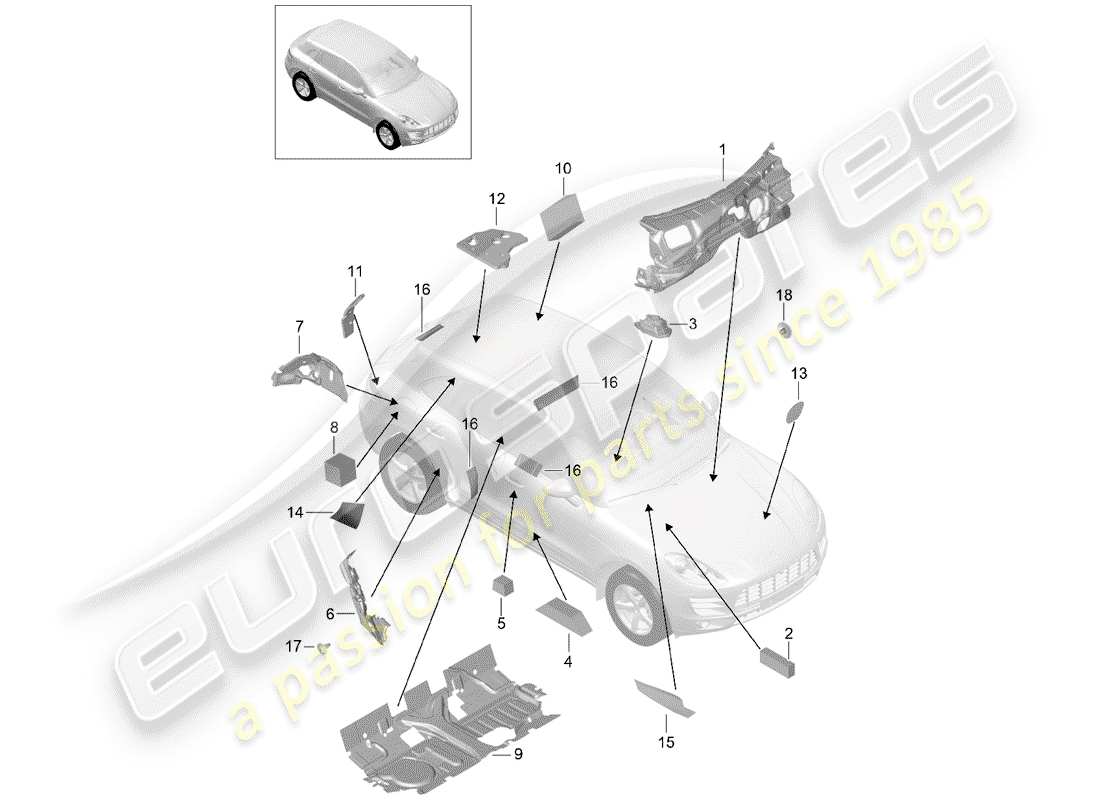 porsche 2014 (macan) sound absorber passenger compartment parts diagram