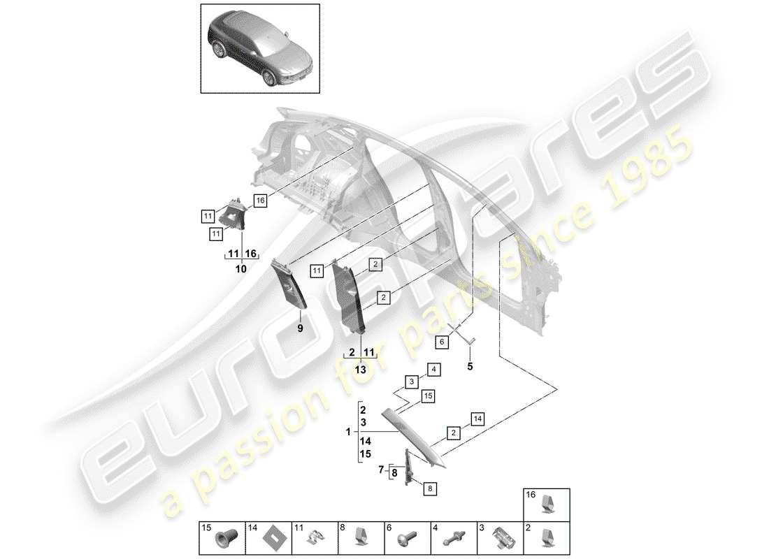 porsche 2019 (cayenne e3 9ya/9yb) pillar trim upper a-pillar trim b-pillar trim c-pillar trim and deformation element parts diagram
