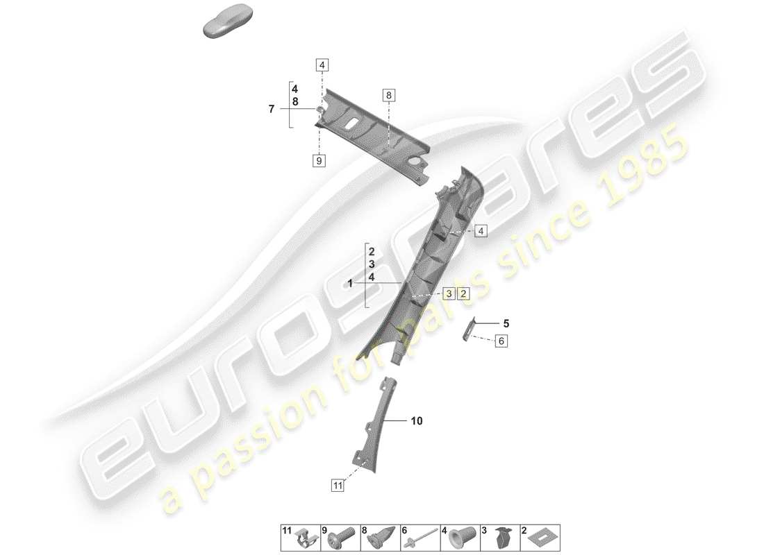porsche 2019 (992-1) a-pillar trim part diagram