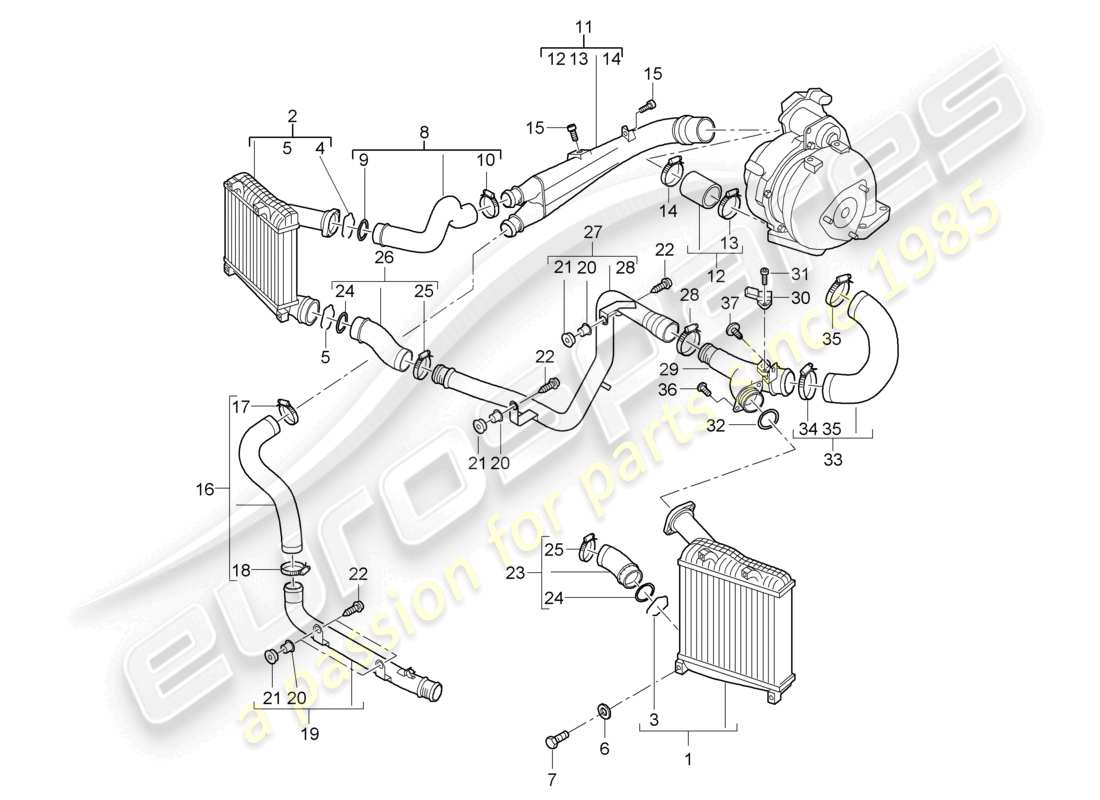 porsche 2010 (cayenne e1 9pa) charge air cooler pressure pipe parts diagram