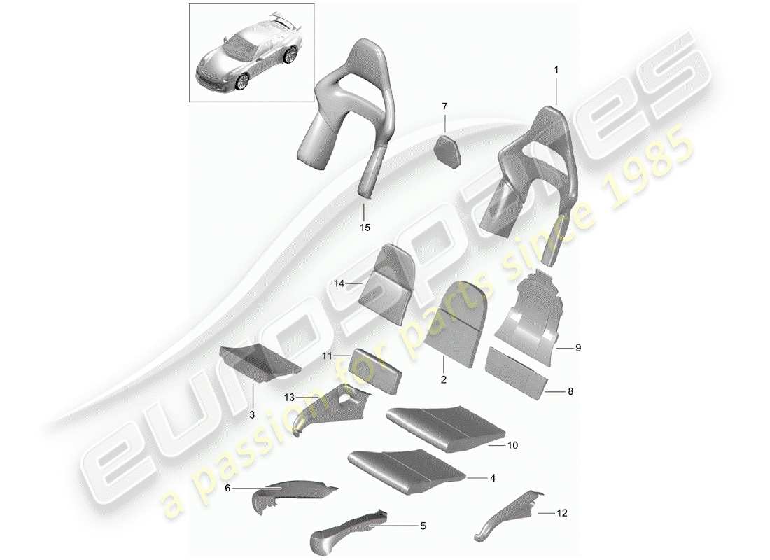 porsche 2014 (991-1 r/gt3/rs) foam part backrest covers seat covers bucket seat folding part diagram
