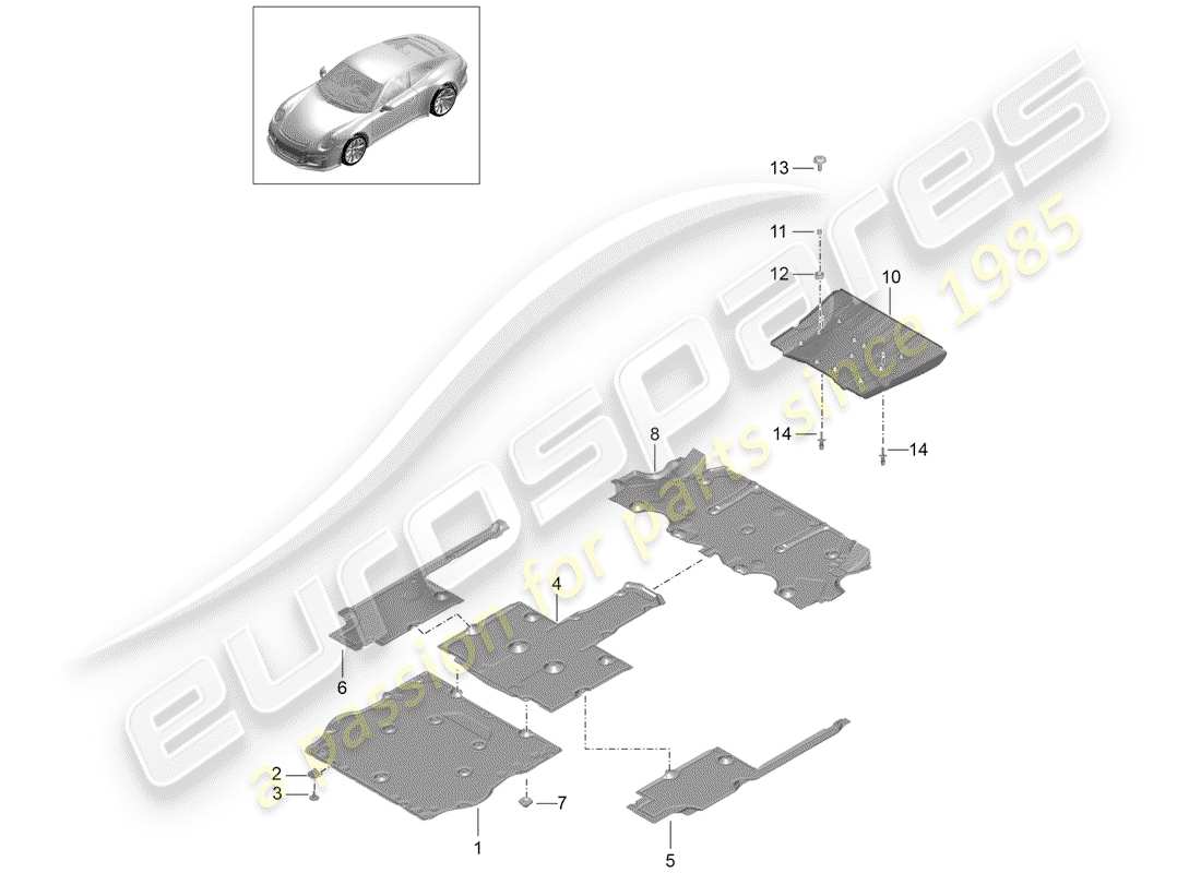 porsche 991r/gt3/rs (2015) underbody lining parts diagram