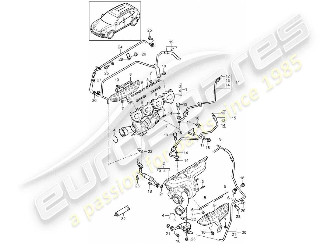 porsche 2012 (cayenne e2 92a) exhaust gas turbocharger oil pipe for exhaust gas turbocharger part diagram